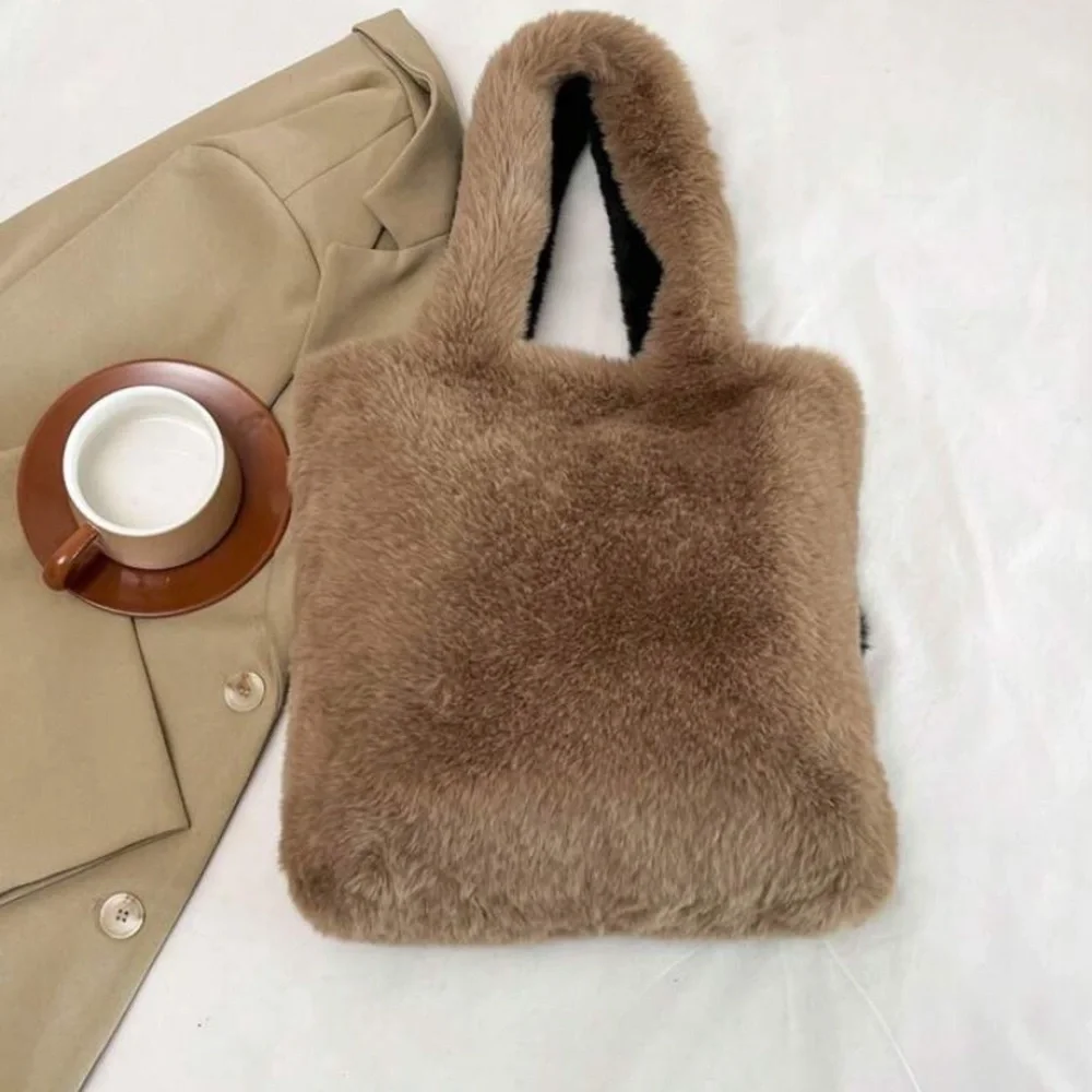 Furry Embroidery Coffee Brown cute Shoulder Tote Bag High-capacity,